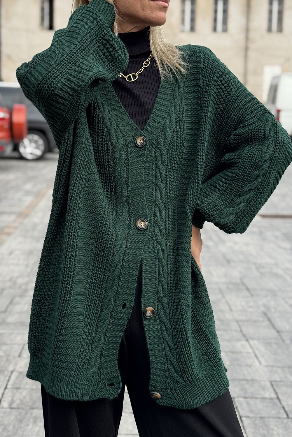 Evergreen Cable Knit Button V Neck Oversize Sweater Cardigan