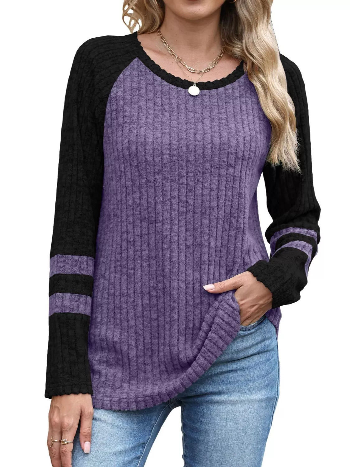 Ribbed Knit Raglan Long Sleeve T-Shirt