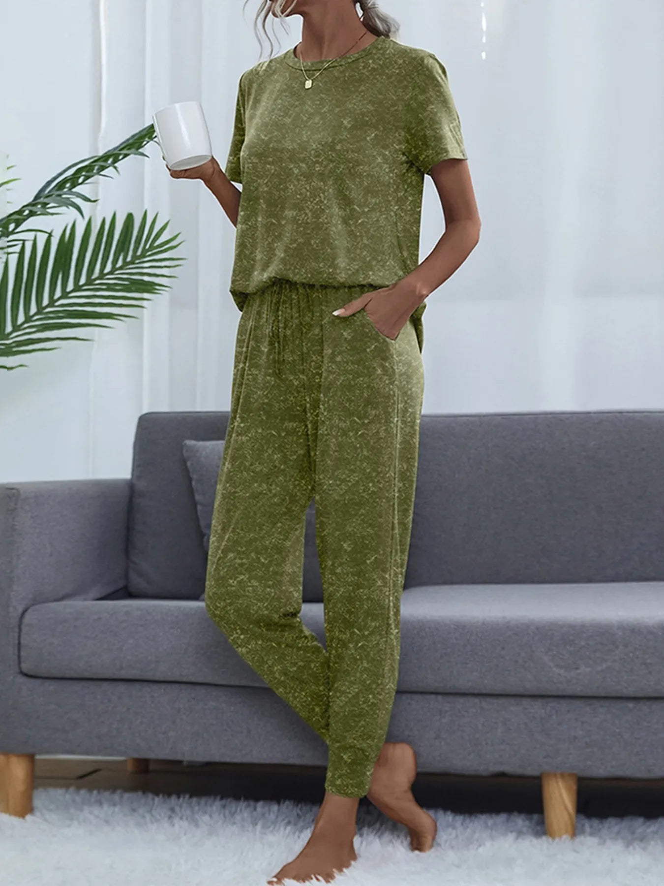 Round Neck Short Sleeve Top and Pants Lounge Set