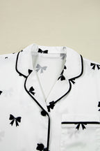 Elegant White Bows Print Two-Piece Sleepwear Set - Long Sleeve Collar Top & High Waist Pants