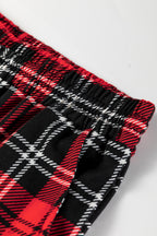 Cozy Red Festive Plaid Print Round Neck Long Sleeve Top & Pants 2 Piece Lounge Set for Women