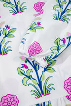 White Floral Print Contrast Striped Trim Notched Neck Long Sleeve Dress