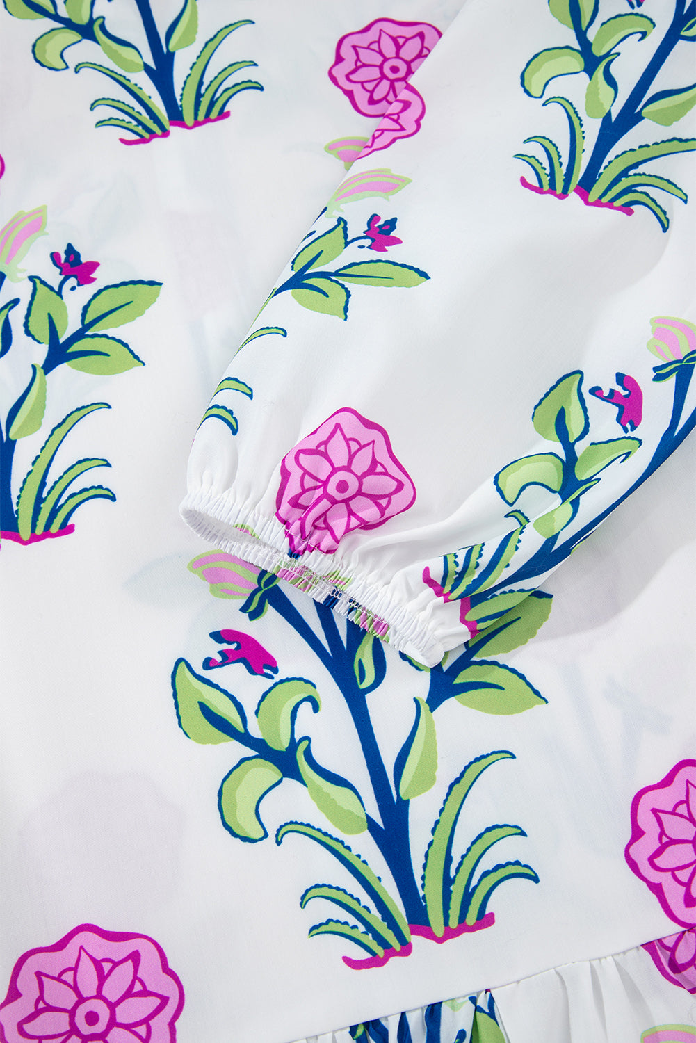 White Floral Print Contrast Striped Trim Notched Neck Long Sleeve Dress