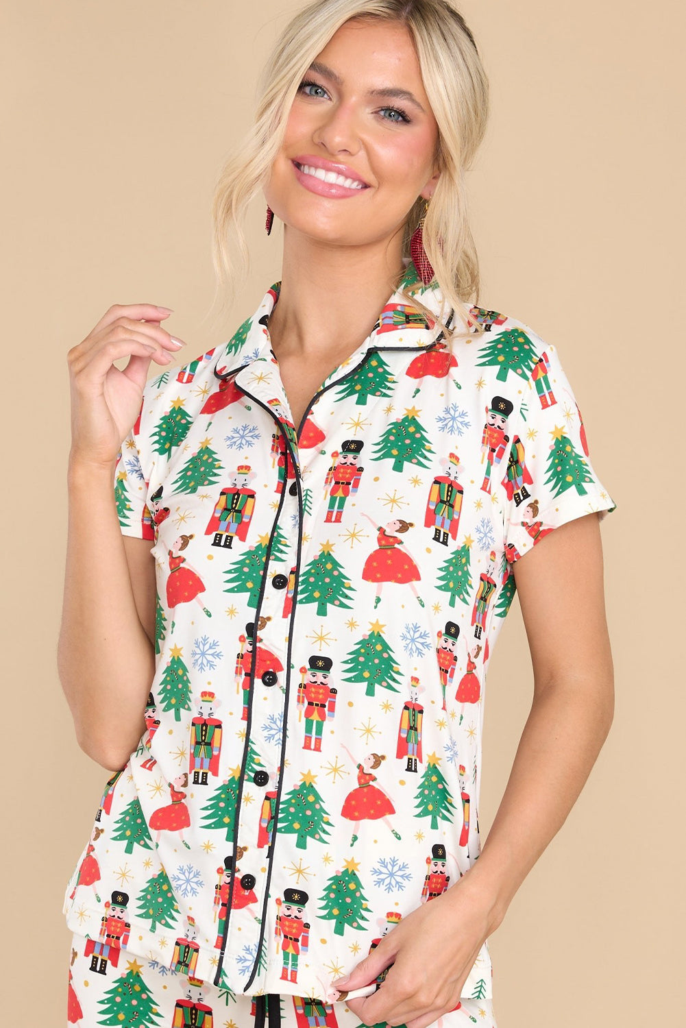 Cozy White Printed Christmas Pattern Button-Up Sleepwear Set - Short Sleeve Top & Loose Pants