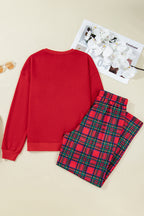 Festive Red Plaid Mama Graphic Christmas Holiday Crewneck Pullover and Pants Two-Piece Lounge Set