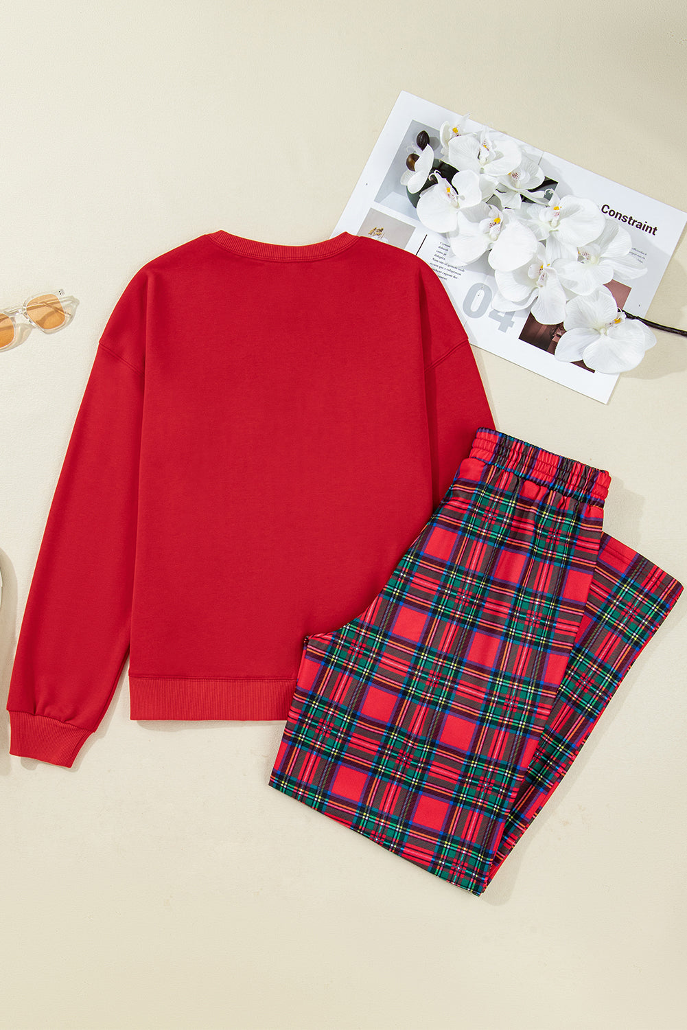 Festive Red Plaid Mama Graphic Christmas Holiday Crewneck Pullover and Pants Two-Piece Lounge Set