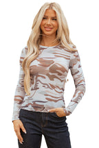 Green Western Fashion Camouflage Print Mesh Long Sleeve Top