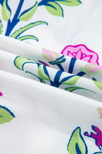 White Floral Print Contrast Striped Trim Notched Neck Long Sleeve Dress