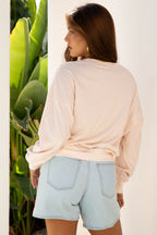 Beige Raw Edge Flower Patch Drop Shoulder Casual Top