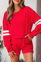 Fiery Red Varsity Striped Sleeve Drop Shoulder Sweatshirt and Short Set