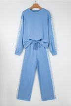 Beau Blue Floral Patchwork Drop Shoulder Pullover & Sweatpants Lounge Set - Cozy & Chic Loungewear