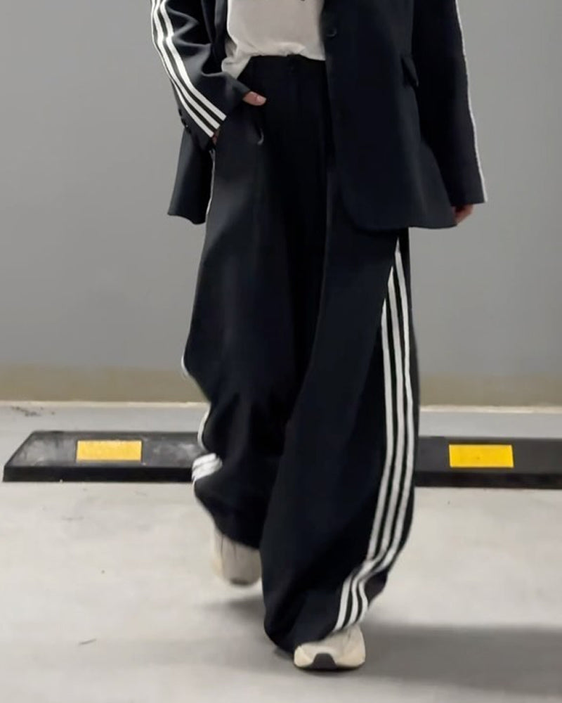 Chic Striped Blazer and Wide Leg Pants Two-Piece Set - Perfect for Daily, Holiday, and Going Out