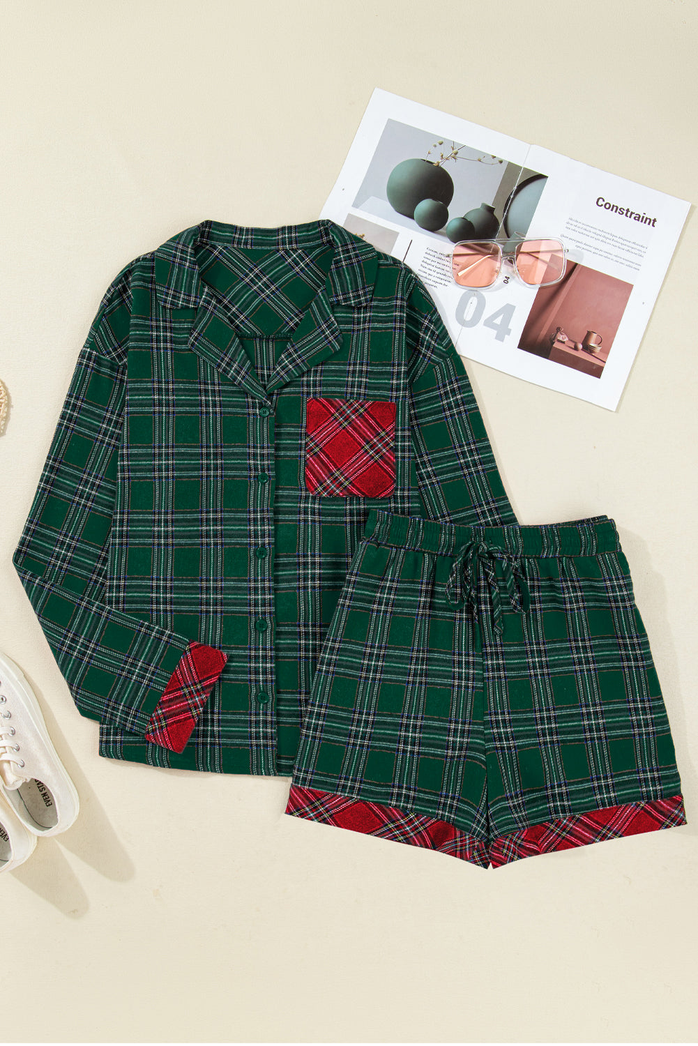 Festive Green Plaid Contrast Patched Christmas Holiday Long Sleeve Shirt & Short Pajama Set for Women