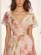 Women's Floral Print V-neck Short-sleeved Casual Maxi Dress with High Waist - Perfect for Summer