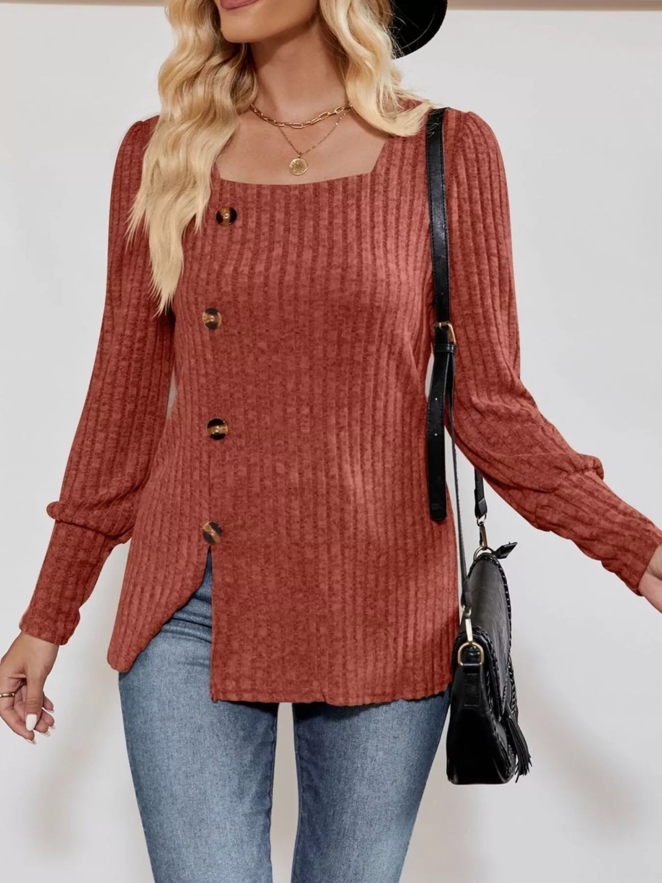 Ribbed Knit Slit Long Sleeve T-Shirt