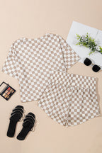 Brown Checkerboard T Shirt and High Waist Skorts 2 Piece Outfit