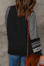 Black Contrast Print Striped Raglan Long Sleeve Loose Top