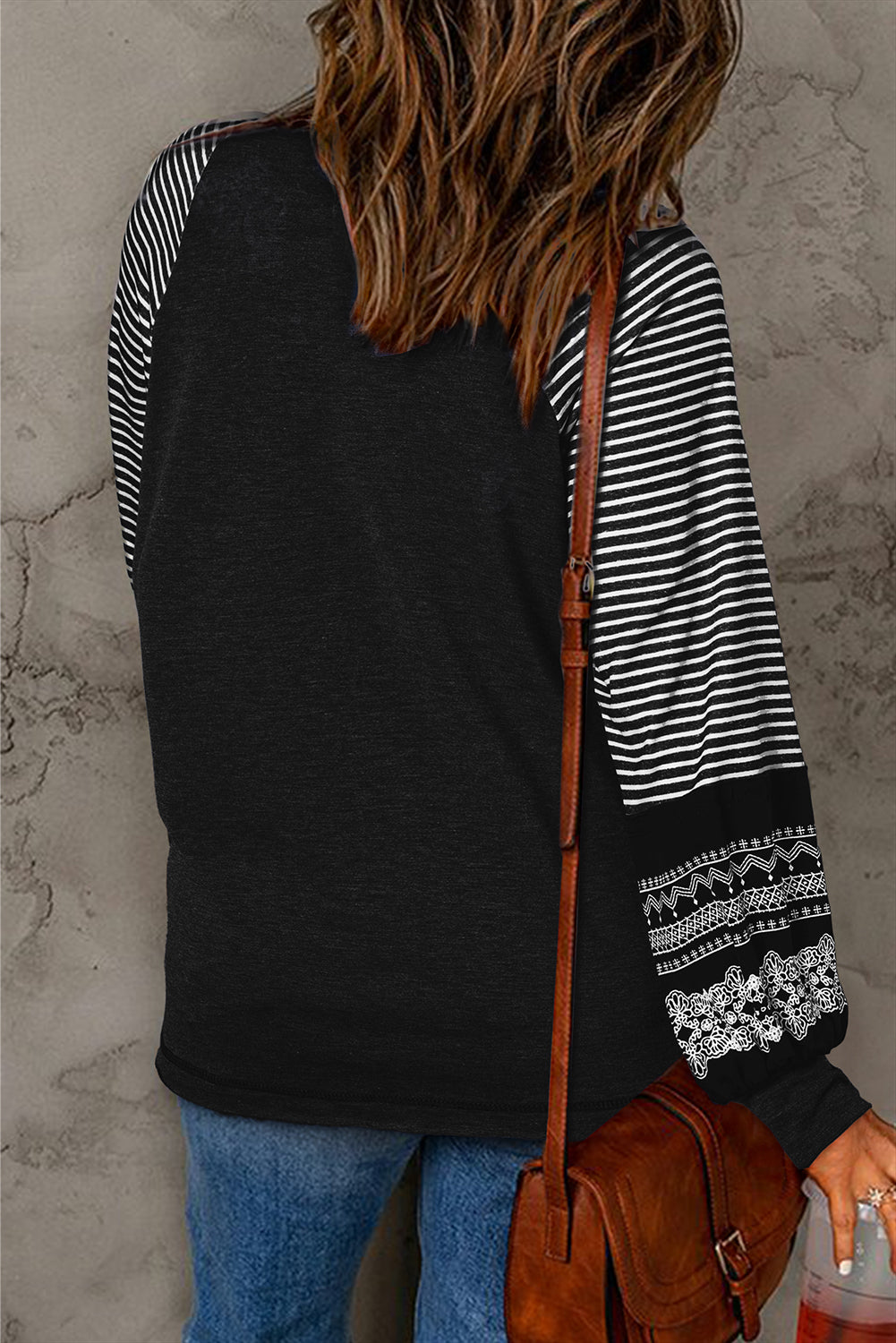 Black Contrast Print Striped Raglan Long Sleeve Loose Top