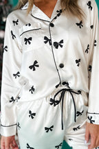 Elegant White Bows Print Two-Piece Sleepwear Set - Long Sleeve Collar Top & High Waist Pants