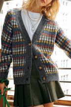 Gray Dotty Pattern Knit Button Front V Neck Sweater Cardigan