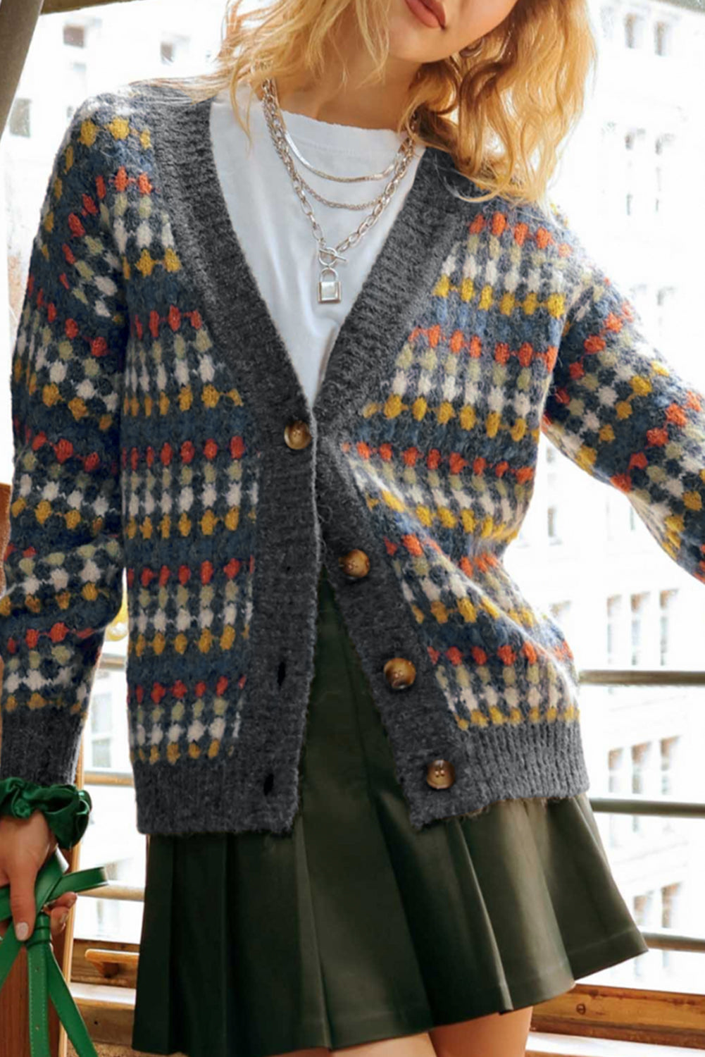 Gray Dotty Pattern Knit Button Front V Neck Sweater Cardigan