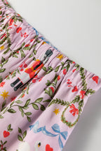 Festive Pink Christmas Holiday Print Nutcracker Long Sleeve Pajama Set with Shorts - 2 Piece Sleepwear