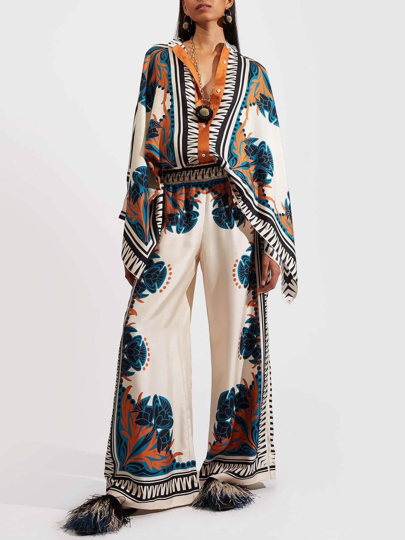 Elegant Floral Print Batwing Sleeve Shirt and Pants Set - Luxurious Satin Loungewear