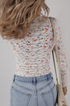 White Floral Print Textured Square Neck Slim Fit Long Sleeve Top