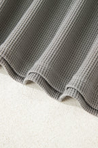 Gray Waffle Printed Patchwork Drawstring Hooded Long Sleeve Top