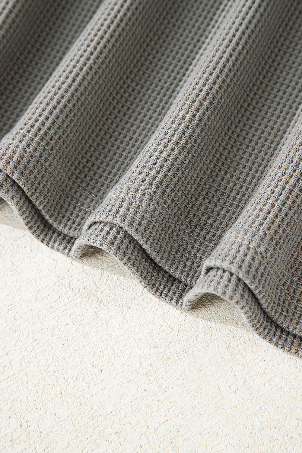 Gray Waffle Printed Patchwork Drawstring Hooded Long Sleeve Top