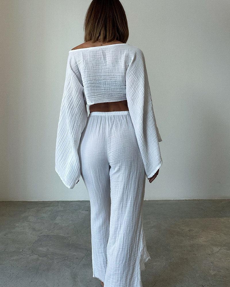 Woven Cotton and Linen Two-Piece Set with Lace-Up Detail