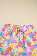 Pink Valentines Candy Heart V Neck Collared Tunic Shirt and Shorts 2pcs Pajama Set for Women