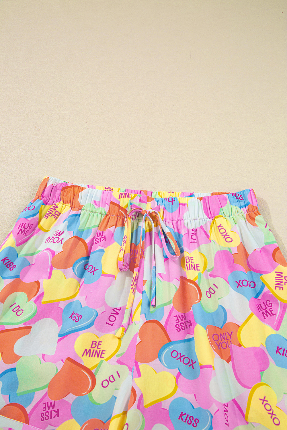 Pink Valentines Candy Heart V Neck Collared Tunic Shirt and Shorts 2pcs Pajama Set for Women