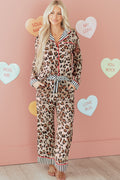 Dearlove Women's Khaki Leopard Print Colorblock Pajama Set - Long Sleeve Shirt & Pants for Cozy Lounging