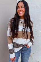 Brown Mixed Texture Knit Striped Color Block Loose Sweater