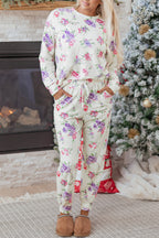 Apricot Floral Print Pullover Drawstring Lounge Pants Set
