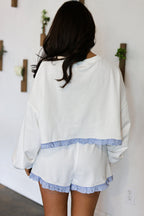 White Plaid Ruffled Patchwork Drop Shoulder Pullover and Drawstring Elastic Waist Shorts Matching Set