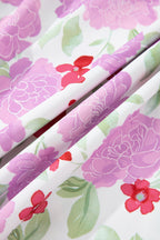 Pink Floral Print Striped Trim Frilled Neck 3/4 Sleeve Flared Mini Dress