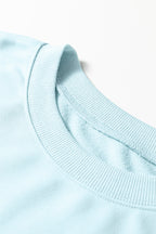 Mist Blue Drop Shoulder Puff Sleeve Crop Pullover Drawstring Wide Leg Pants Set