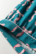 Silky Green Bow Print Long Sleeve Pajama Set with Shorts for Women