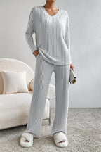 Women's Ribbed V-Neck Top and Pants Loungewear Set - Comfortable & Stylish