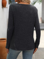 Ribbed Knit Long Sleeve Button Detail T-Shirt