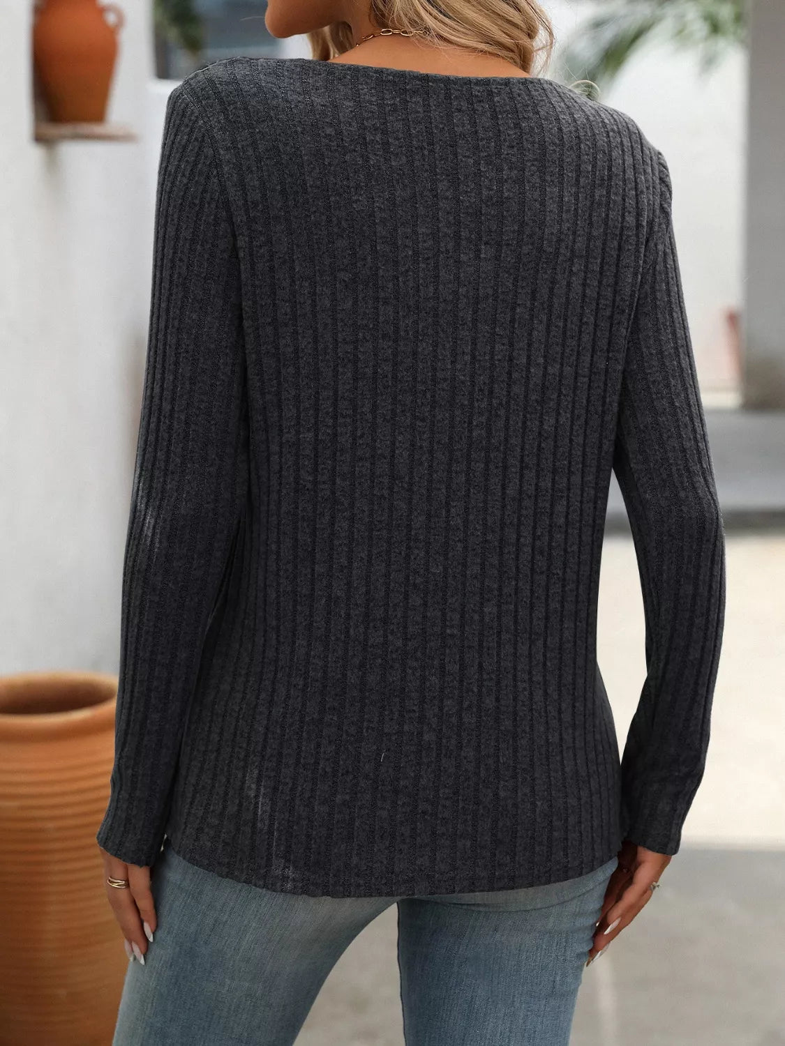 Ribbed Knit Long Sleeve Button Detail T-Shirt