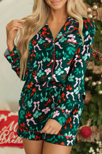 Green Festive Bow Print Long Sleeve Shirt and Pajama Short Set