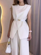 Chic Round Neck Sleeveless Top & Wide-Leg Pants Suit - Elegant Polyester Set
