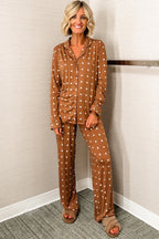 Brown Polka Dot Print Long Sleeve Shirt and Pant 2-Piece Pajama Set for Women - Comfortable Sleepwear