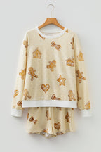 Beige Gingerbread Man Christmas Print Long Sleeve Pullover Lounge Short Set