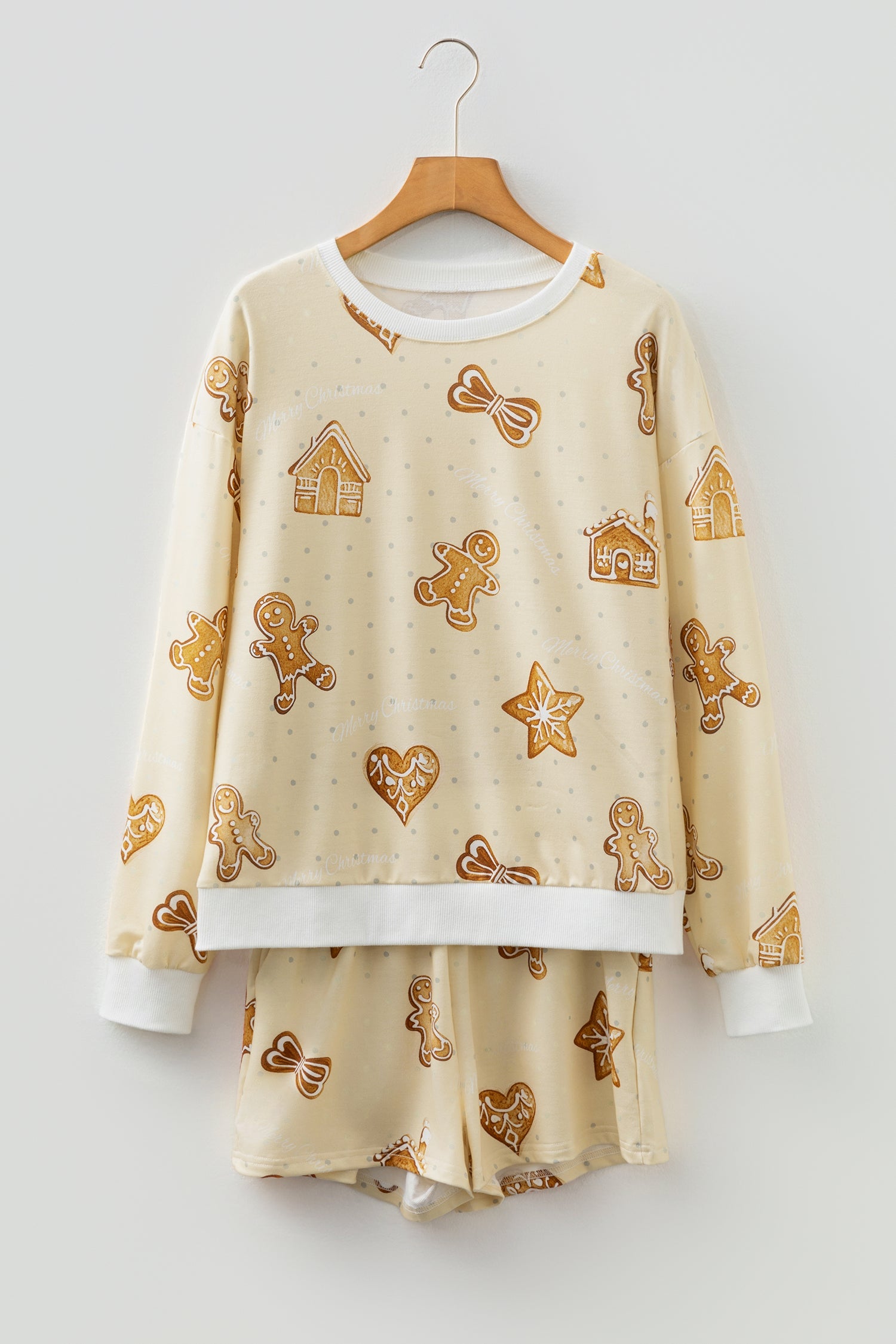 Beige Gingerbread Man Christmas Print Long Sleeve Pullover Lounge Short Set