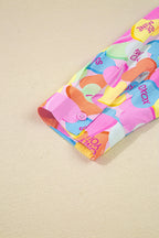 Pink Valentines Candy Heart V Neck Collared Tunic Shirt and Shorts 2pcs Pajama Set for Women