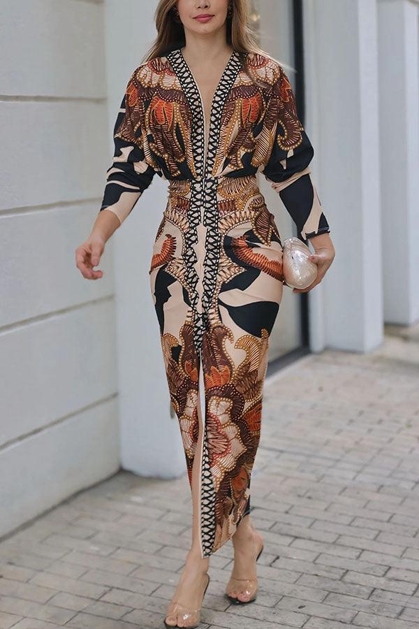 Unique Print Dolman Long Sleeve Ruched Slit Midi Dress for Women - Casual & Vacation Wear